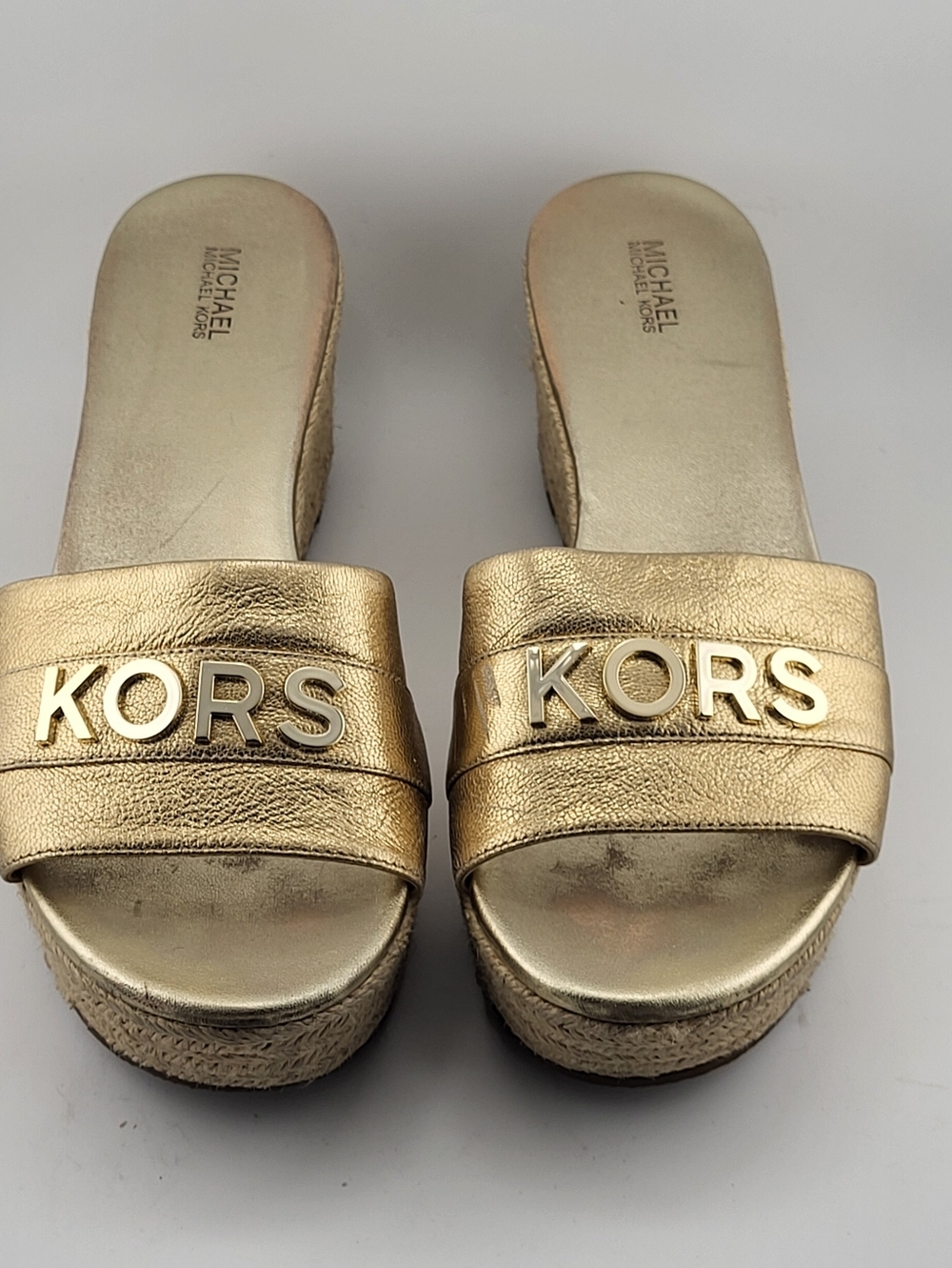 Michael Kors Metallic Gold Espadrille Platform Slide Sandals Leather Upper 9M - Picture 5 of 10